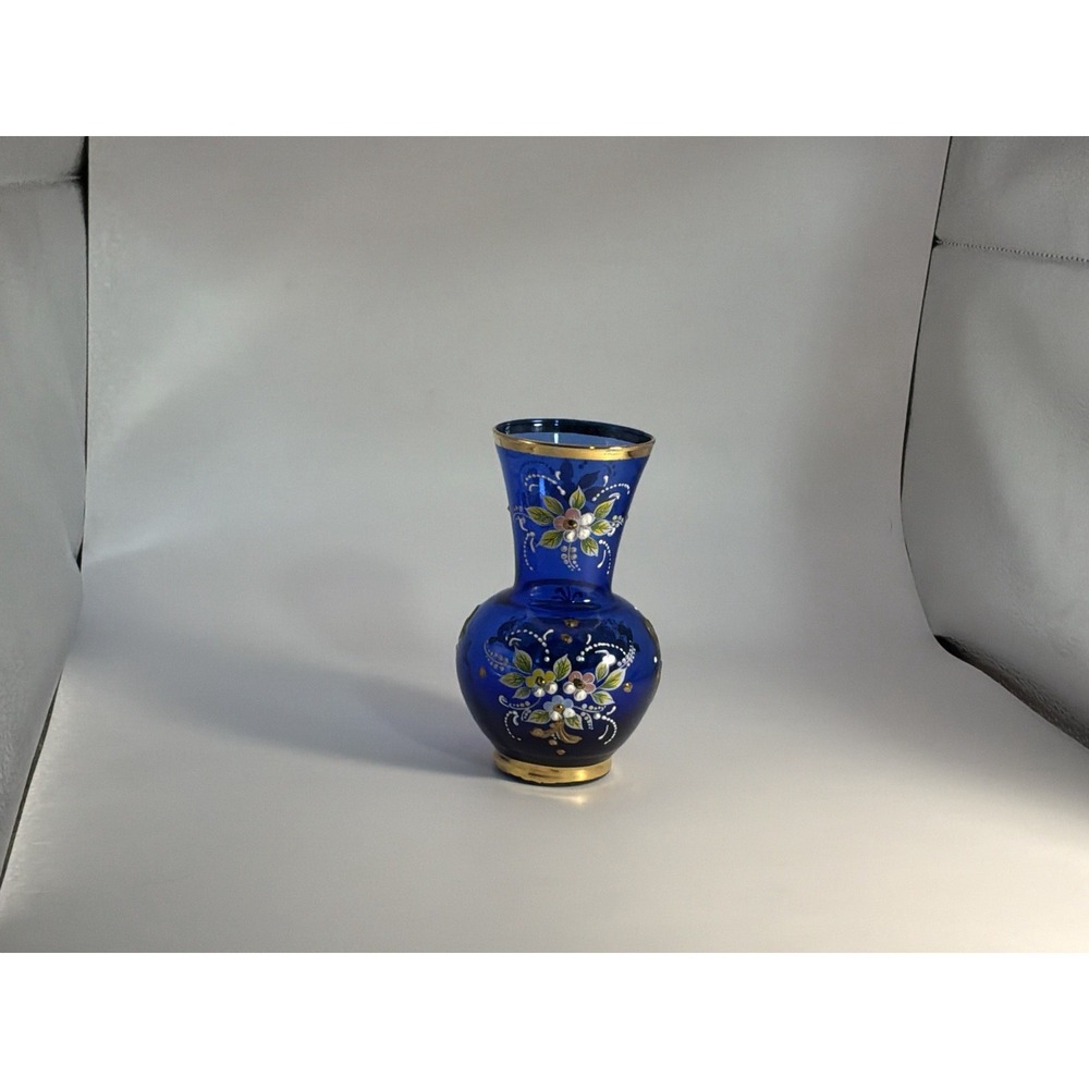 Cobalt Glass Blue Raised Enamel Floral Painting Gilded Gold Filigree